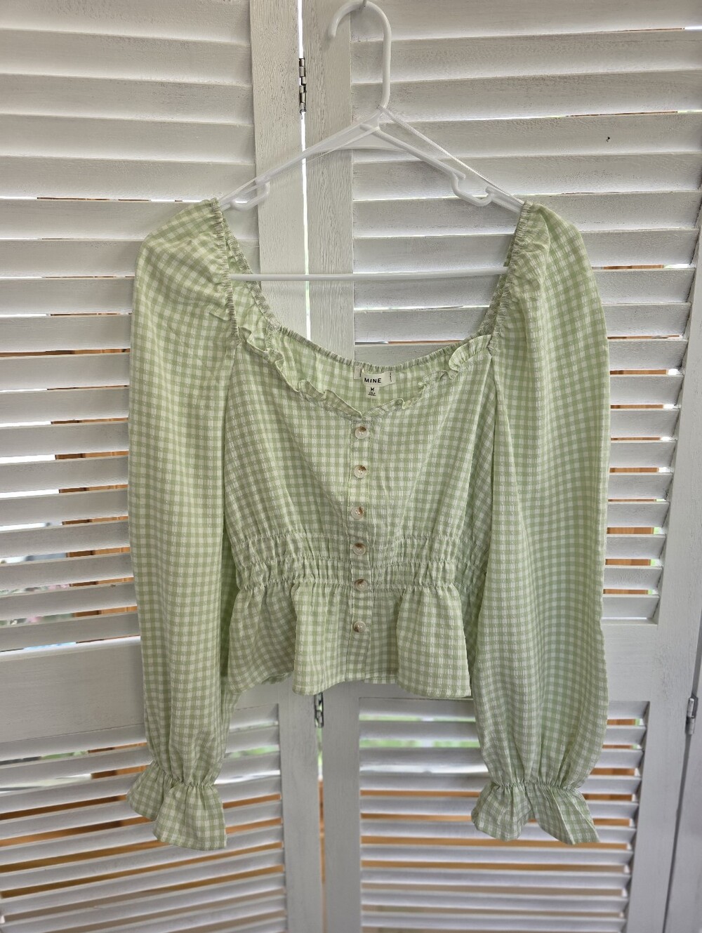 Be Mine Women's Green Gingham Square Neck Long Sleeve Crop Blouse Size M